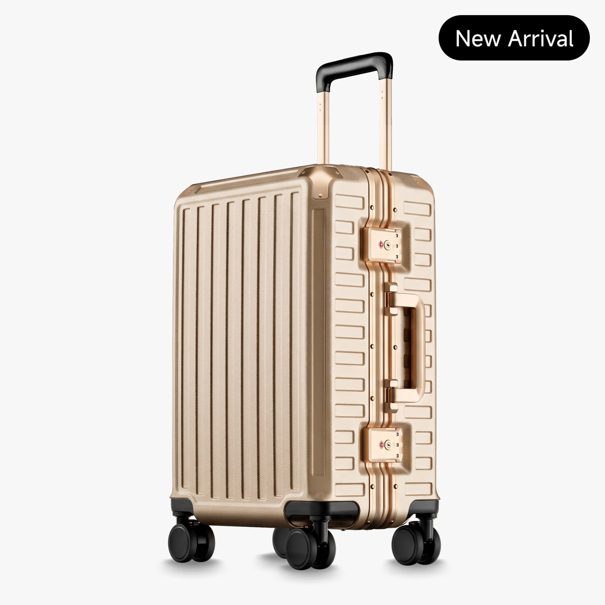 Front view of a carry-on suitcase with a 100% polycarbonate shell, designed for lightweight durability and impact resistance. "Cabin-Ready · 1–4 Days"#show #color_champagne_gold