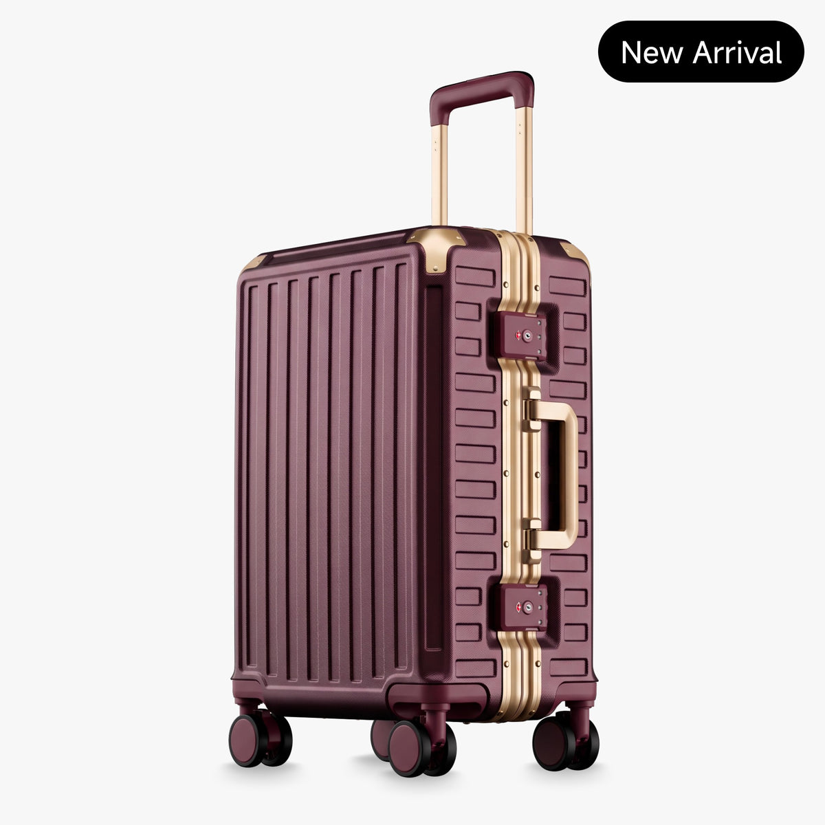 Front view of a carry-on suitcase with a 100% polycarbonate shell, designed for lightweight durability and impact resistance. "Cabin-Ready · 1–4 Days"#show #color_cherry