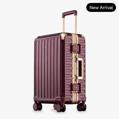 Front view of a carry-on suitcase with a 100% polycarbonate shell, designed for lightweight durability and impact resistance. "Cabin-Ready · 1–4 Days"#show #color_cherry