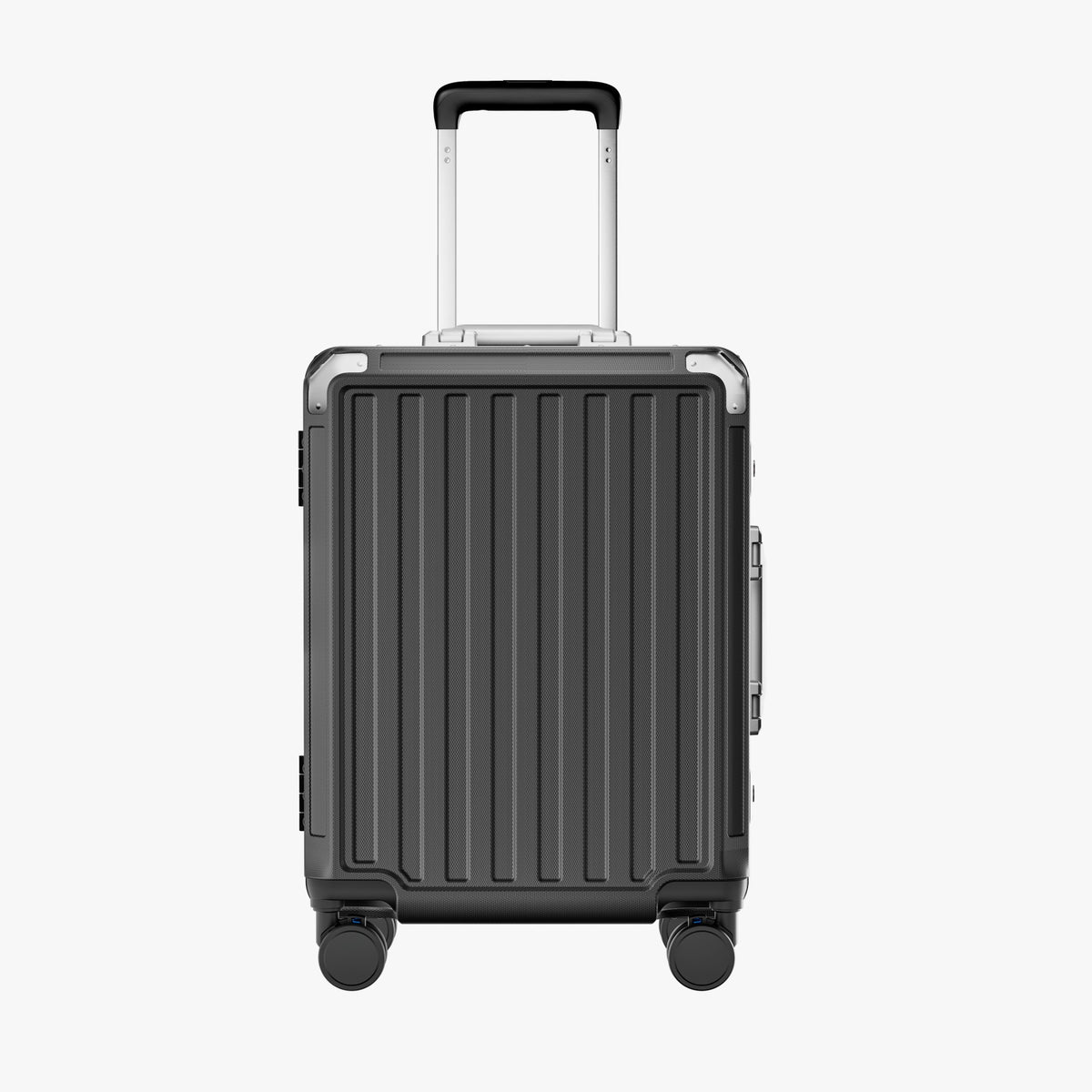 Side view of aluminum frame luggage with protective foot pads that elevate the shell and prevent scratches when the suitcase is placed on the ground. #show #color_charcoal