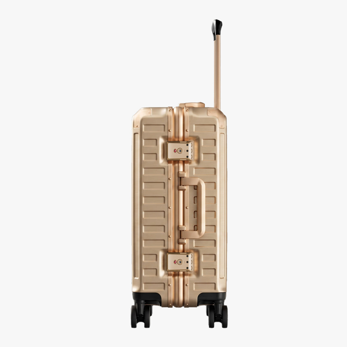 Side view of aluminum frame luggage with protective foot pads that elevate the shell and prevent scratches when the suitcase is placed on the ground. #show #color_champagne_gold