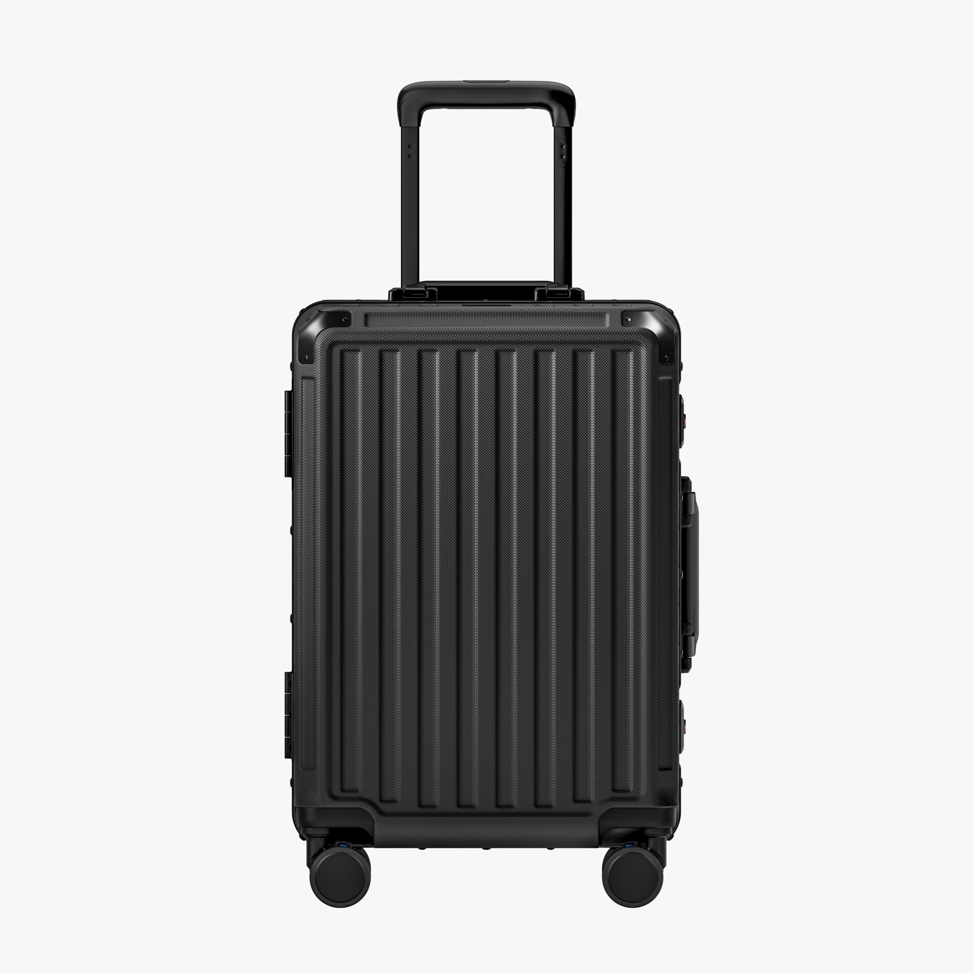Side view of aluminum frame luggage with protective foot pads that elevate the shell and prevent scratches when the suitcase is placed on the ground. #show #color_black