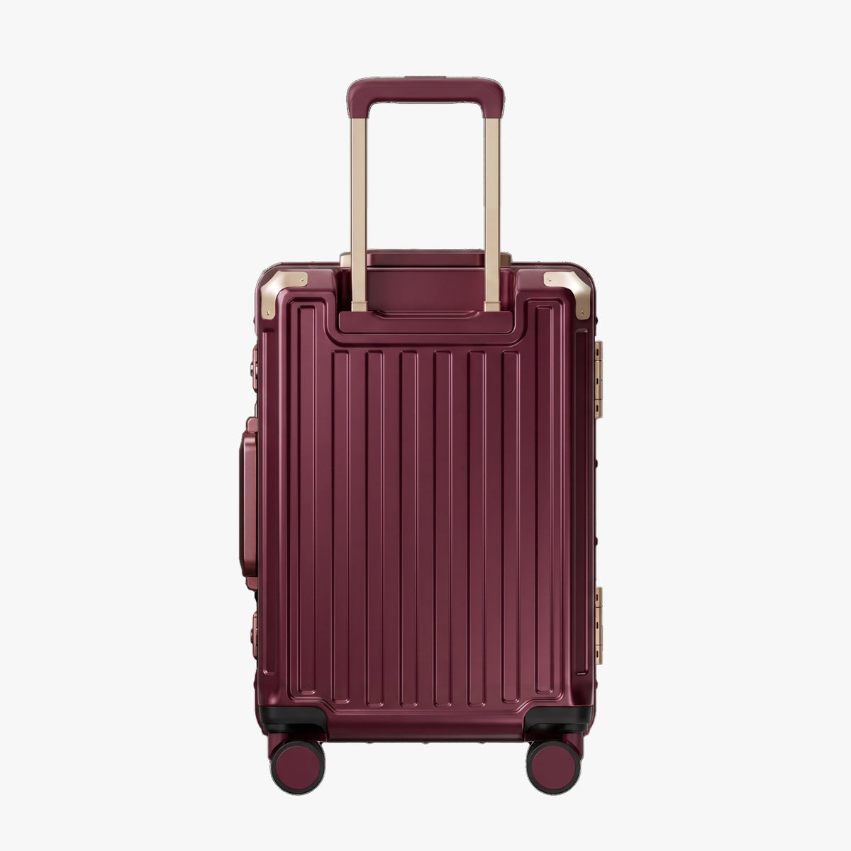 Side view of aluminum frame luggage with protective foot pads that elevate the shell and prevent scratches when the suitcase is placed on the ground. #show #color_cherry
