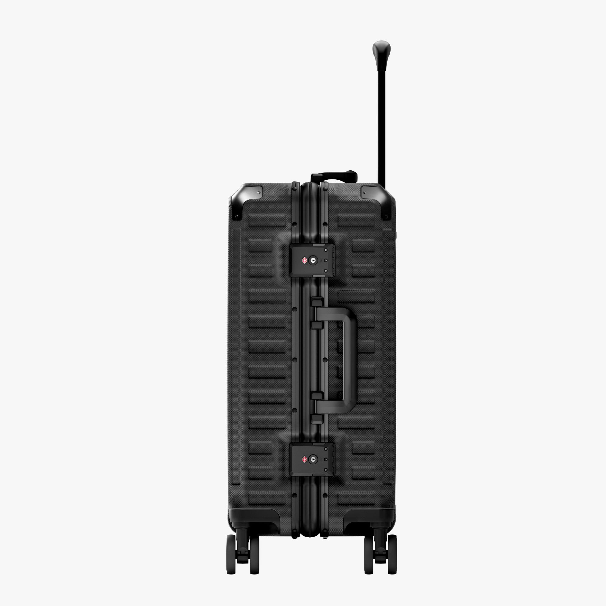 Side view of aluminum frame luggage with protective foot pads that elevate the shell and prevent scratches when the suitcase is placed on the ground. #show #color_black