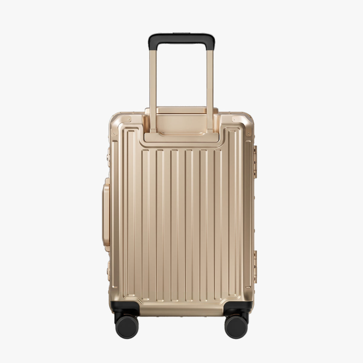 Side view of aluminum frame luggage with protective foot pads that elevate the shell and prevent scratches when the suitcase is placed on the ground. #show #color_champagne_gold