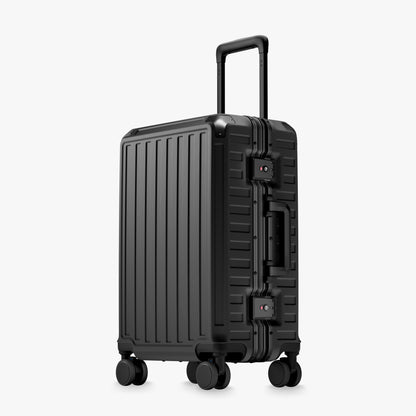 Front view of a carry-on suitcase with a 100% polycarbonate shell, designed for lightweight durability and impact resistance. "Cabin-Ready · 1–4 Days"#show #color_black