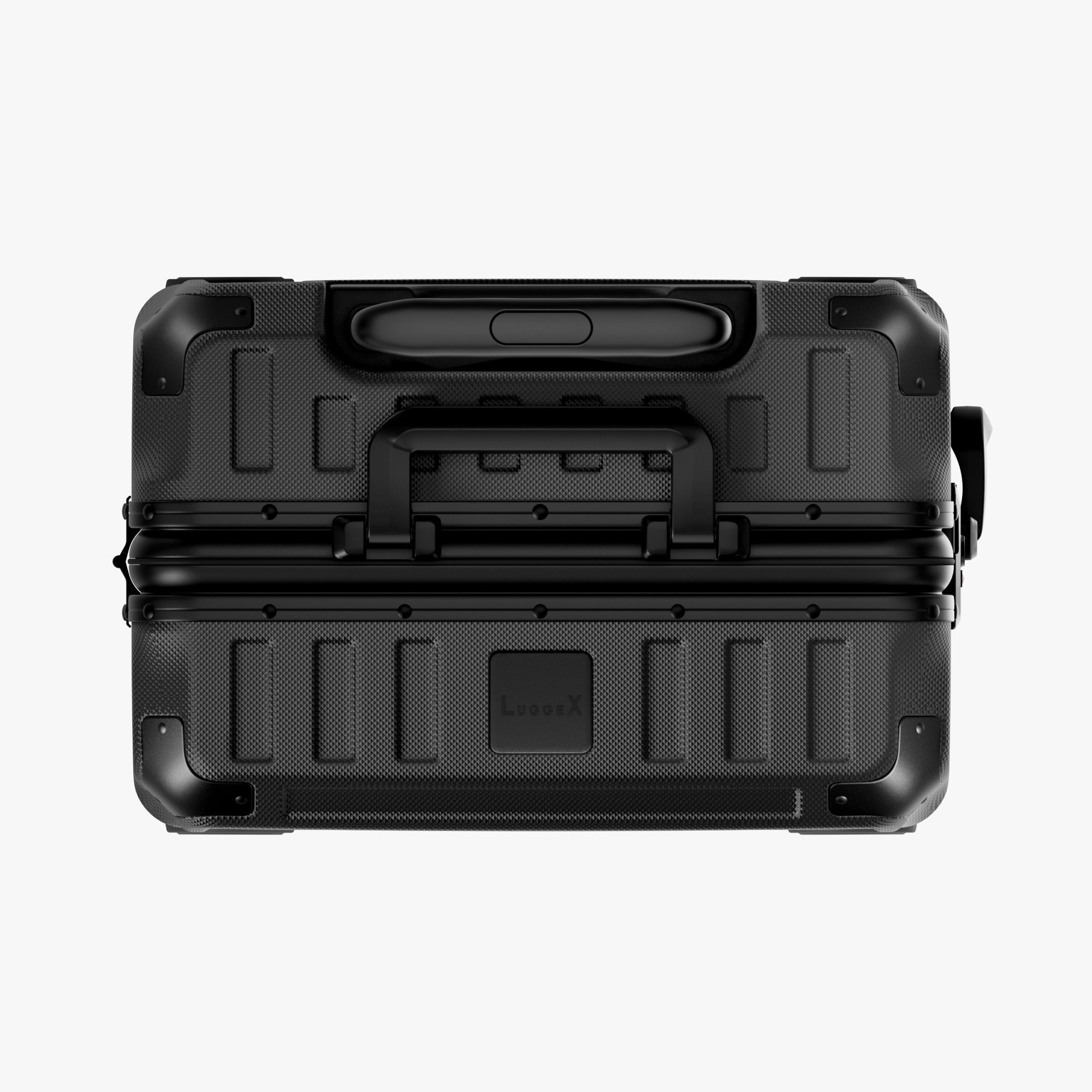 Side view of aluminum frame luggage with protective foot pads that elevate the shell and prevent scratches when the suitcase is placed on the ground. #show #color_black