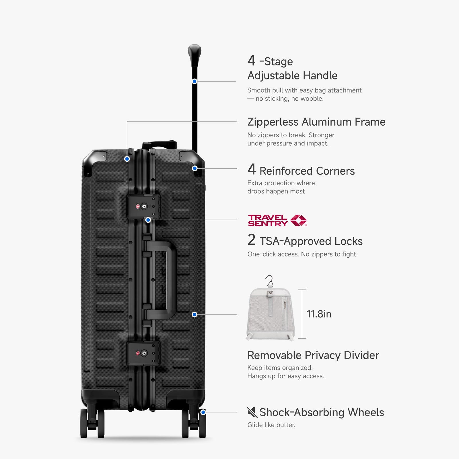 Front view of a carry-on suitcase with a 100% polycarbonate shell, designed for lightweight durability and impact resistance. "Cabin-Ready · 1–4 Days"#show #color_black