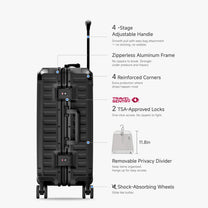 Front view of a carry-on suitcase with a 100% polycarbonate shell, designed for lightweight durability and impact resistance. "Cabin-Ready · 1–4 Days"#show #color_black