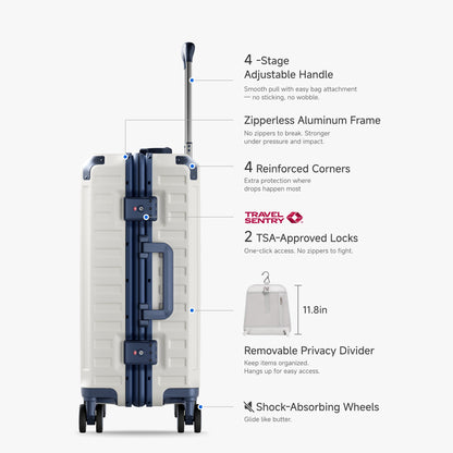 Side view of aluminum frame luggage with protective foot pads that elevate the shell and prevent scratches when the suitcase is placed on the ground. #show#color_white_blue