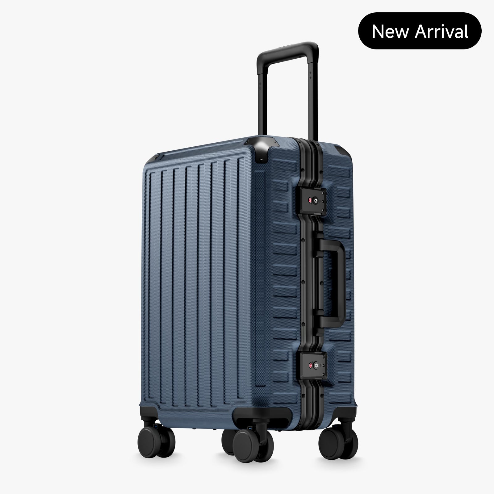 Front view of a carry-on suitcase with a 100% polycarbonate shell, designed for lightweight durability and impact resistance. "Cabin-Ready · 1–4 Days"#show #color_navy_blue