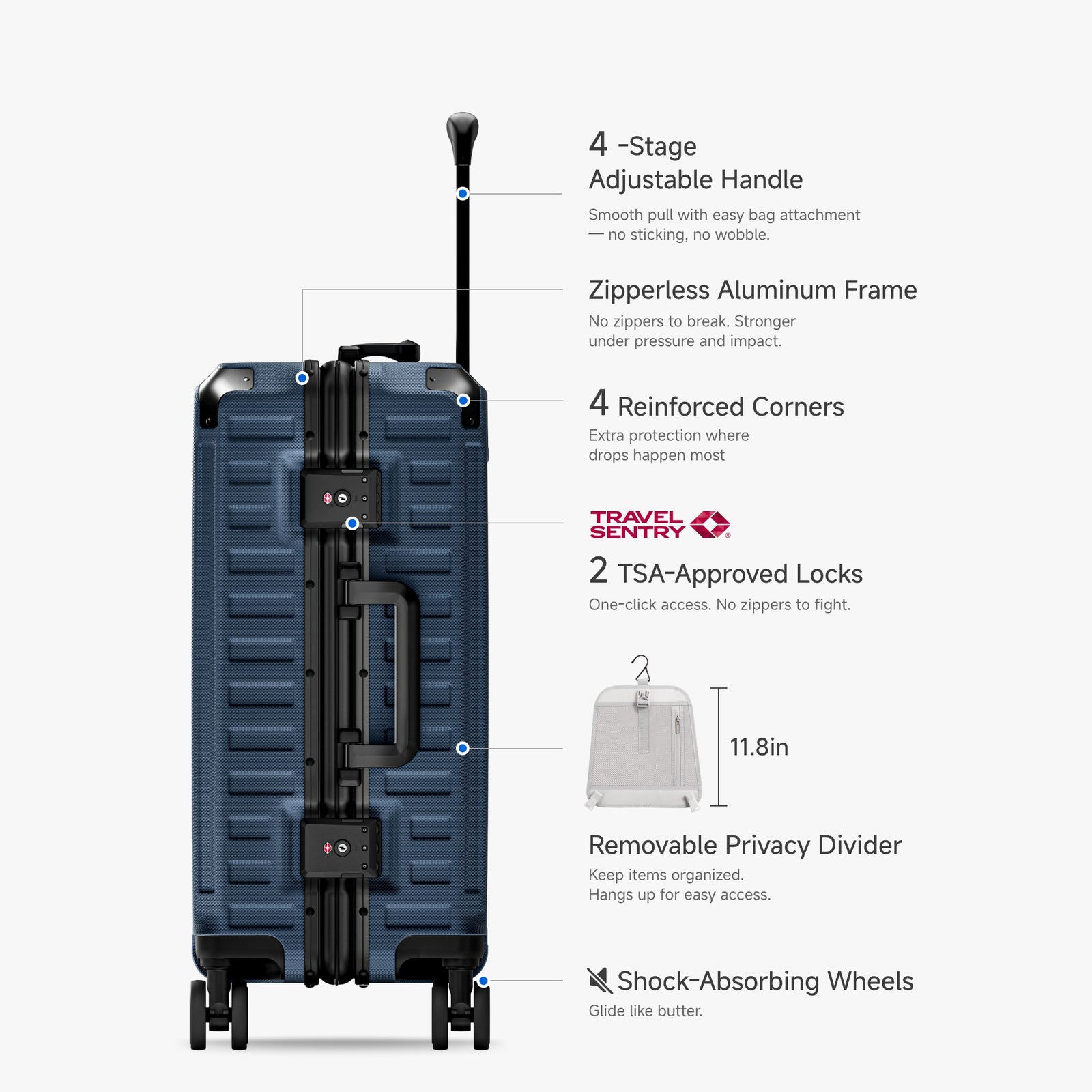 Front view of a carry-on suitcase with a 100% polycarbonate shell, designed for lightweight durability and impact resistance. "Cabin-Ready · 1–4 Days"#show #color_navy_blue
