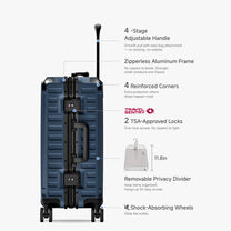 Front view of a carry-on suitcase with a 100% polycarbonate shell, designed for lightweight durability and impact resistance. "Cabin-Ready · 1–4 Days"#show #color_navy_blue