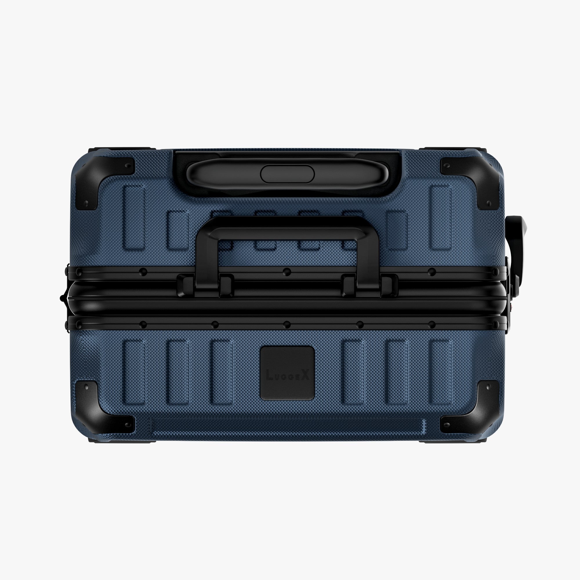 Side view of aluminum frame luggage with protective foot pads that elevate the shell and prevent scratches when the suitcase is placed on the ground. #show #color_navy_blue