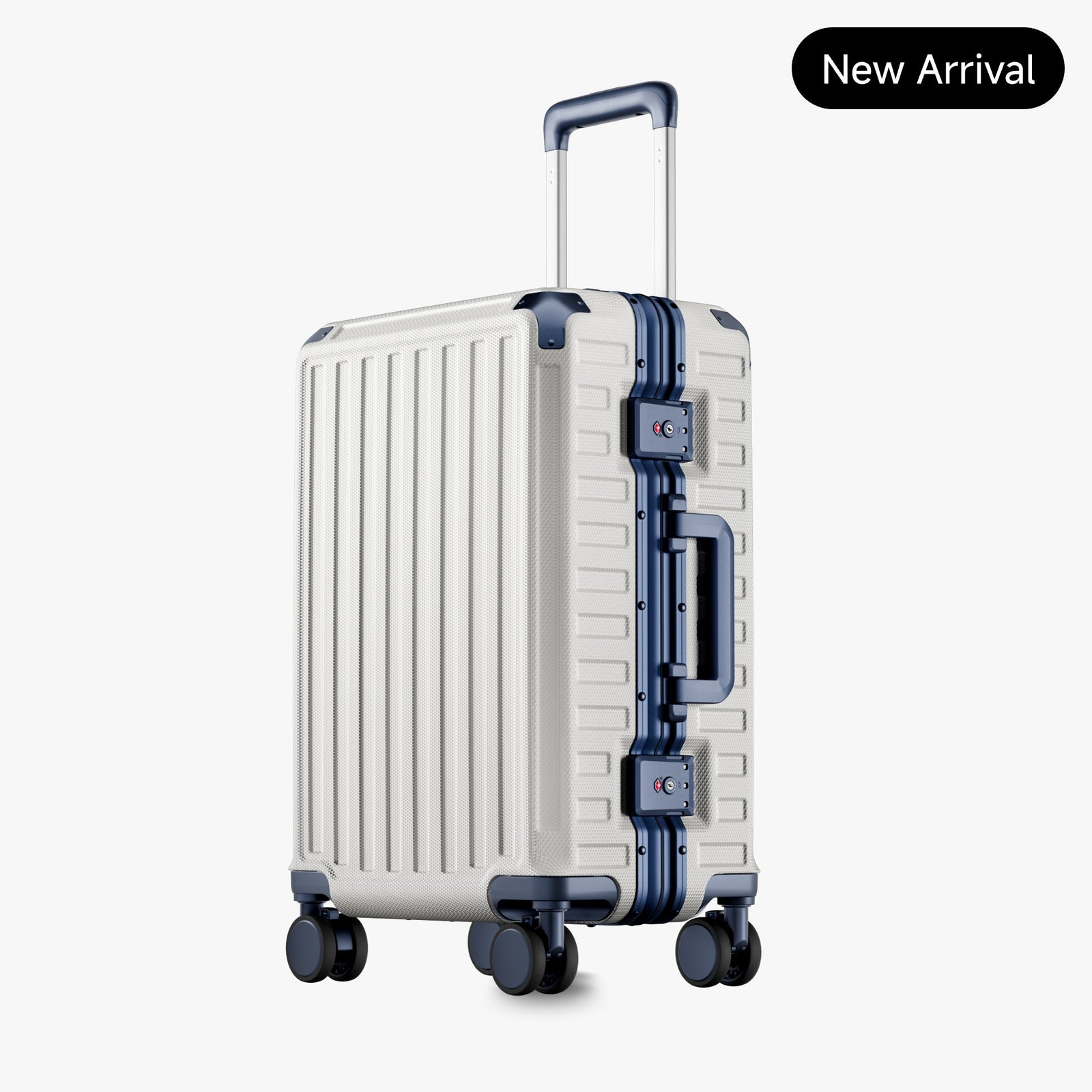 Front view of a carry-on suitcase with a 100% polycarbonate shell, designed for lightweight durability and impact resistance. "Cabin-Ready · 1–4 Days"#show #color_white_blue
