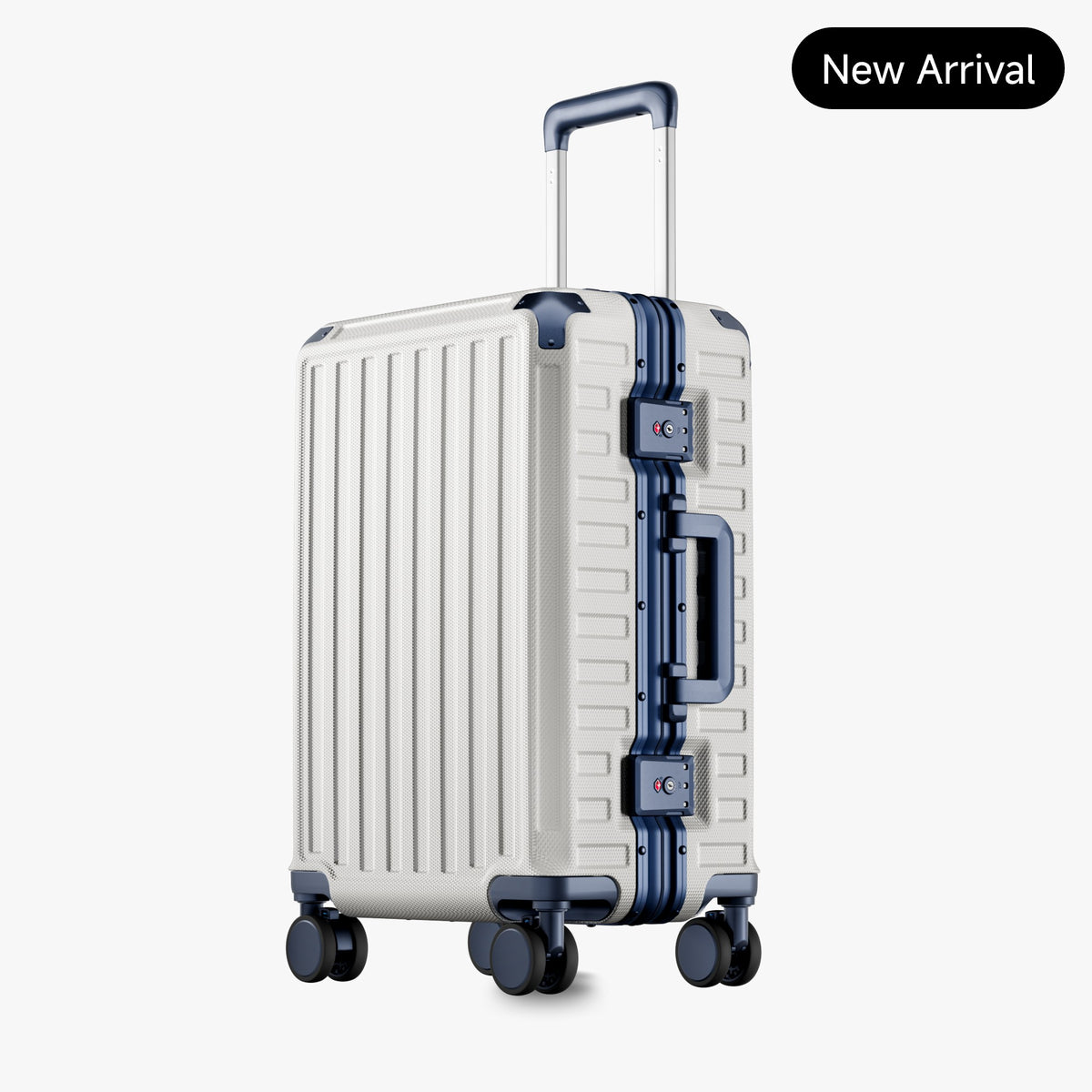 Front view of a carry-on suitcase with a 100% polycarbonate shell, designed for lightweight durability and impact resistance. "Cabin-Ready · 1–4 Days"#show #color_white_blue