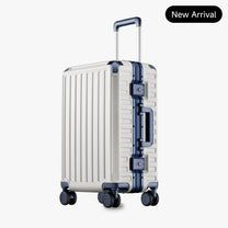 Front view of a carry-on suitcase with a 100% polycarbonate shell, designed for lightweight durability and impact resistance. "Cabin-Ready · 1–4 Days"#show #color_white_blue