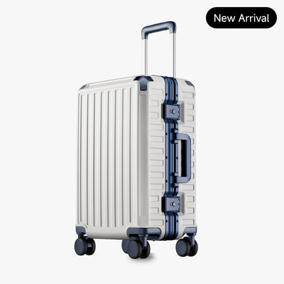 Front view of a carry-on suitcase with a 100% polycarbonate shell, designed for lightweight durability and impact resistance. "Cabin-Ready · 1–4 Days"#show #color_white_blue