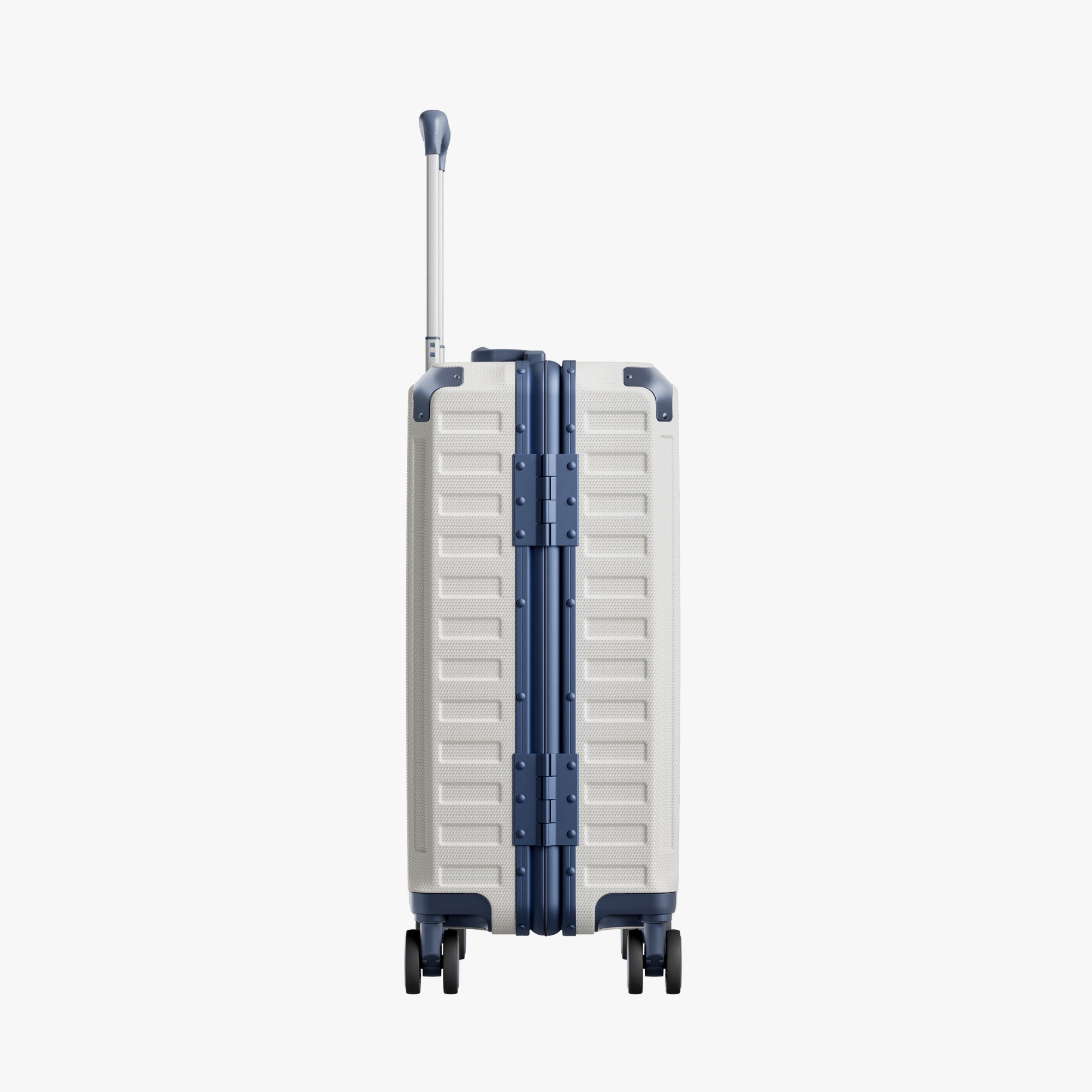 Side view of aluminum frame luggage with protective foot pads that elevate the shell and prevent scratches when the suitcase is placed on the ground. #show #color_white_blue
