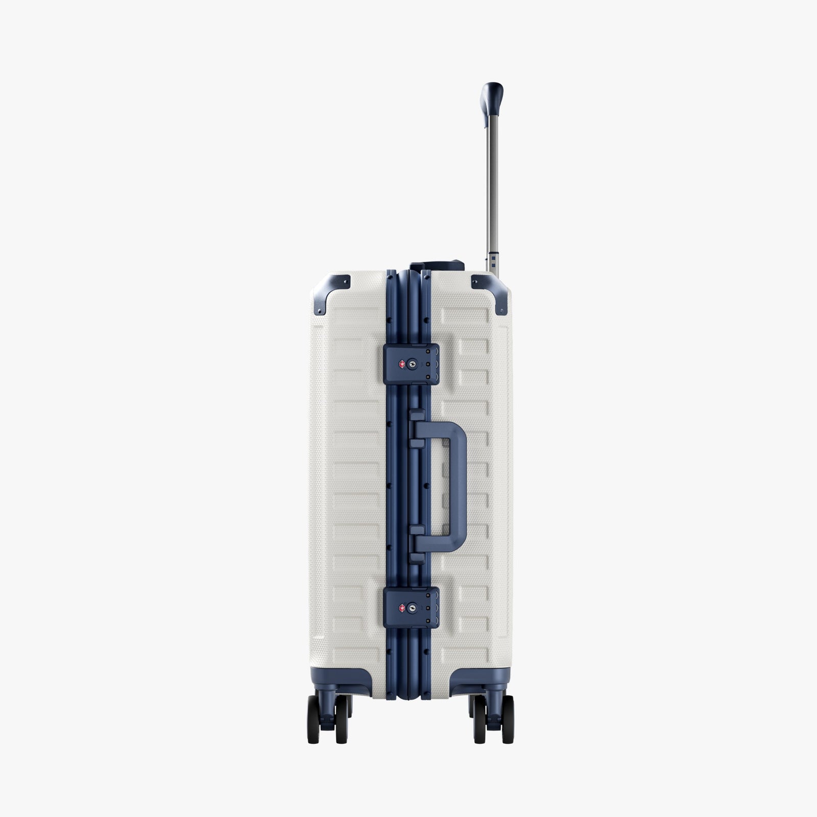 Side view of aluminum frame luggage with protective foot pads that elevate the shell and prevent scratches when the suitcase is placed on the ground. #show #color_white_blue