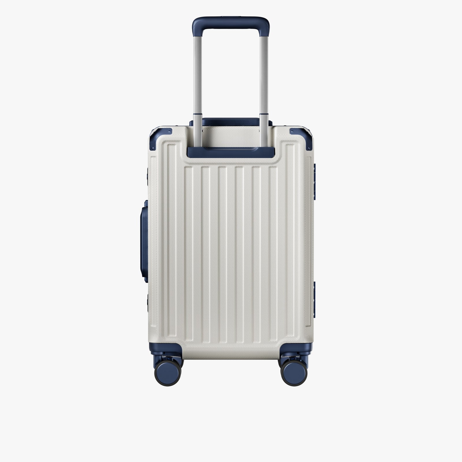 Side view of aluminum frame luggage with protective foot pads that elevate the shell and prevent scratches when the suitcase is placed on the ground. #show #color_white_blue