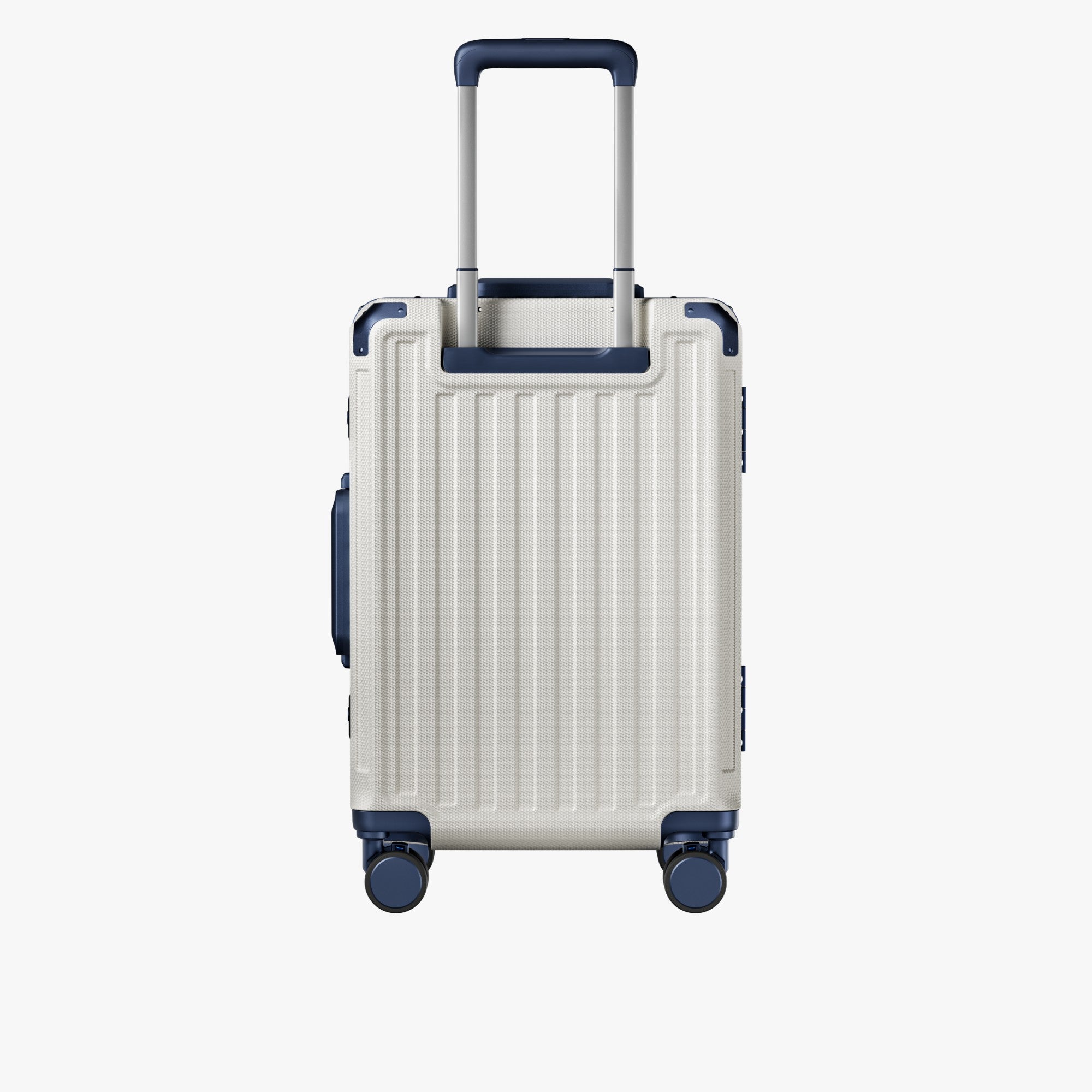 Side view of aluminum frame luggage with protective foot pads that elevate the shell and prevent scratches when the suitcase is placed on the ground. #show #color_white_blue