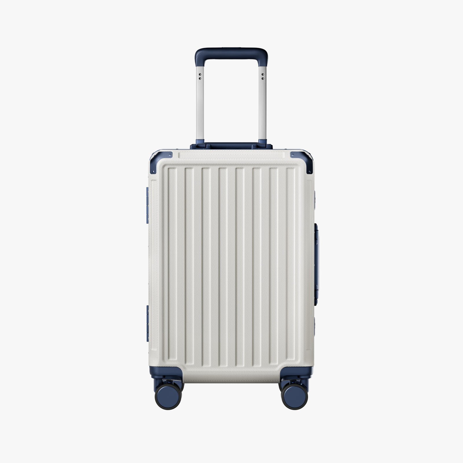 Side view of aluminum frame luggage with protective foot pads that elevate the shell and prevent scratches when the suitcase is placed on the ground. #show #color_white_blue
