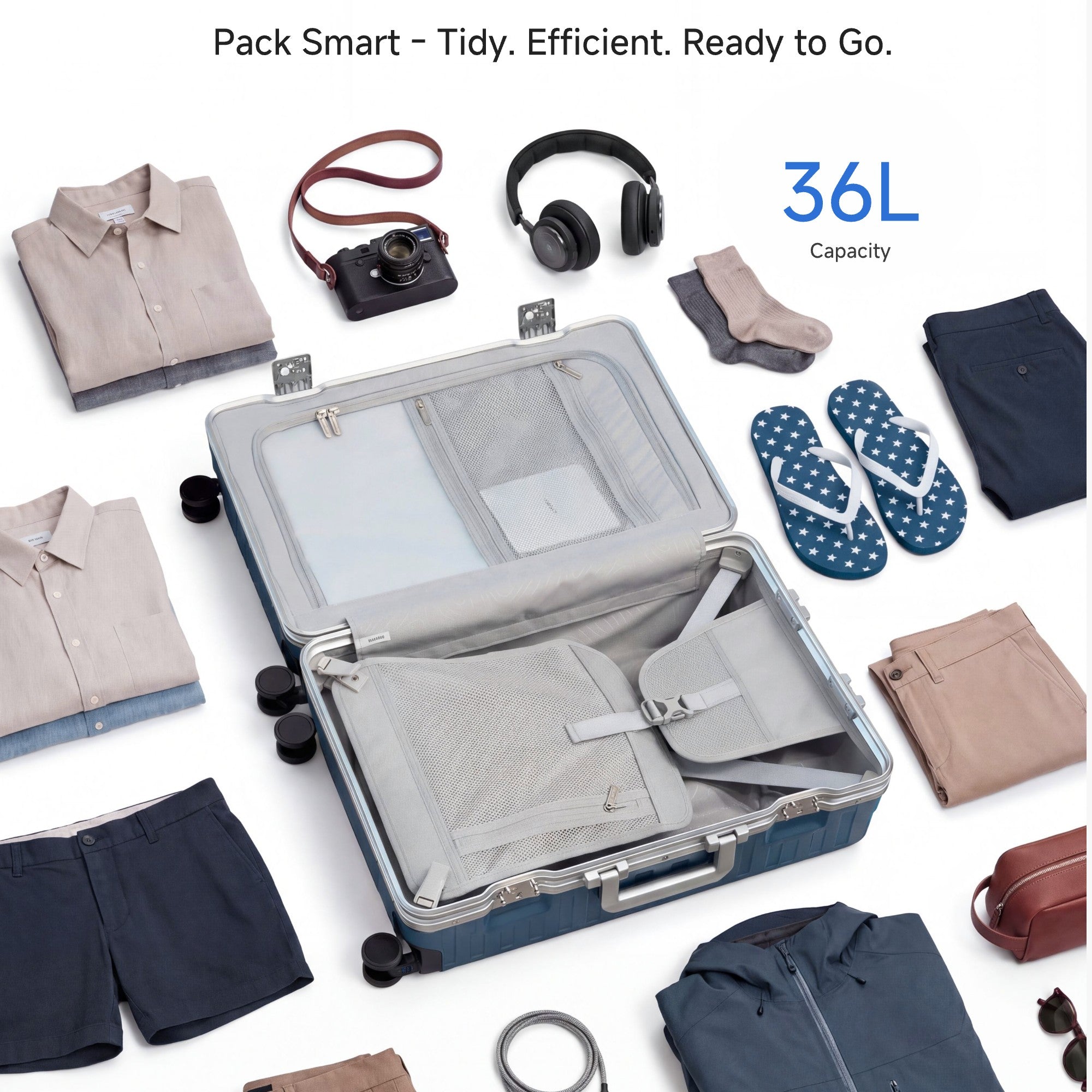 LUGGEX Zipperless aluminum carry-on luggage with a 4-stage adjustable handle, reinforced corners, dual TSA-approved locks, removable privacy divider, and shock-absorbing spinner wheels. #color_white_blue