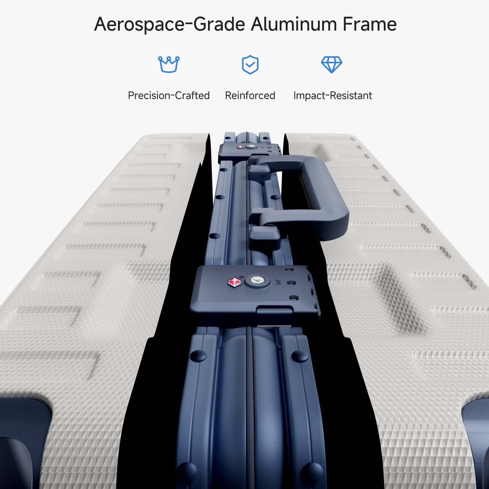 Exploded view of aluminum frame luggage showing 100% polycarbonate shell, reinforced corner protectors, TSA-approved locks, aluminum frame structure, and 360-degree shock-absorbing spinner wheels. #color_white_blue