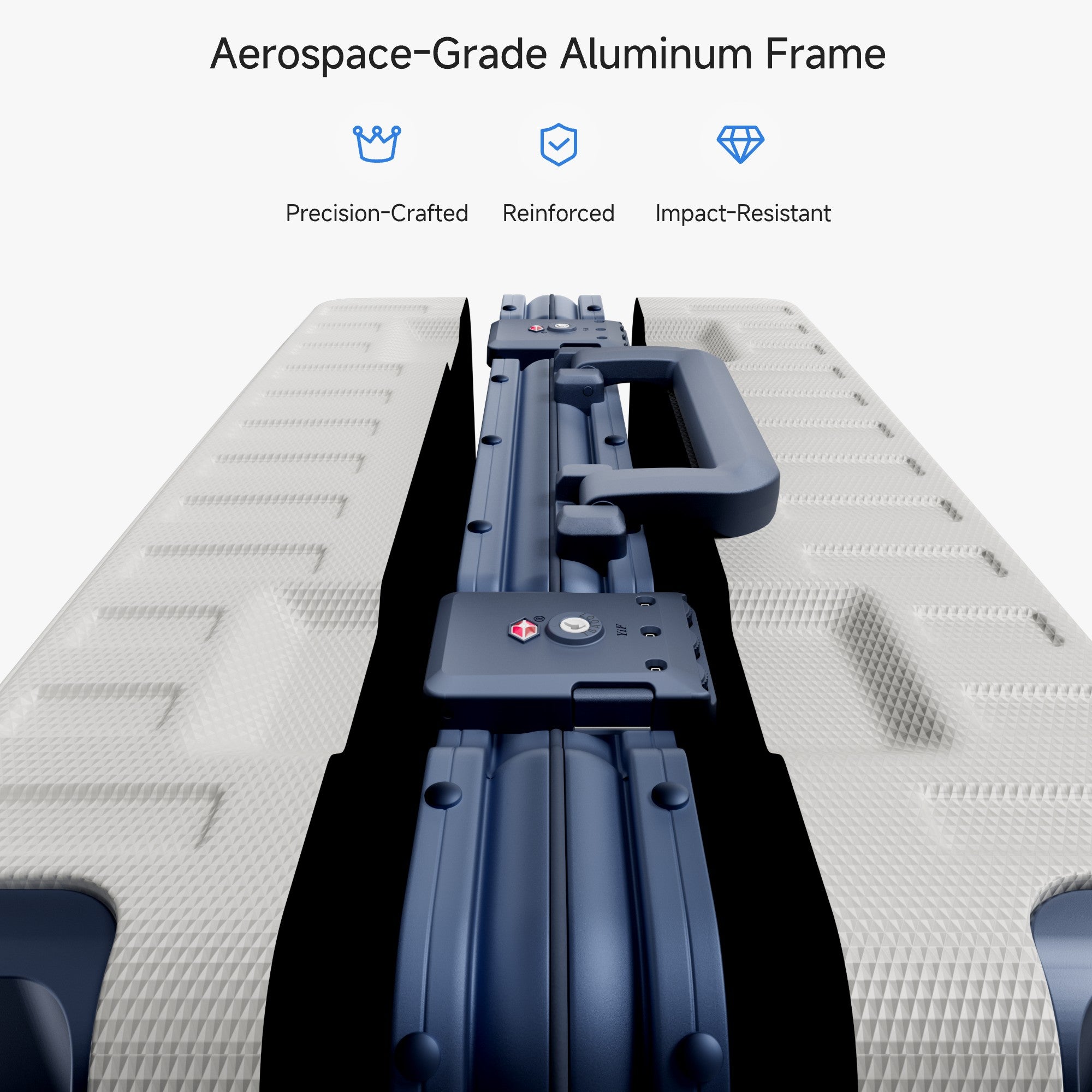 Exploded view of aluminum frame luggage showing 100% polycarbonate shell, reinforced corner protectors, TSA-approved locks, aluminum frame structure, and 360-degree shock-absorbing spinner wheels. #color_white_blue