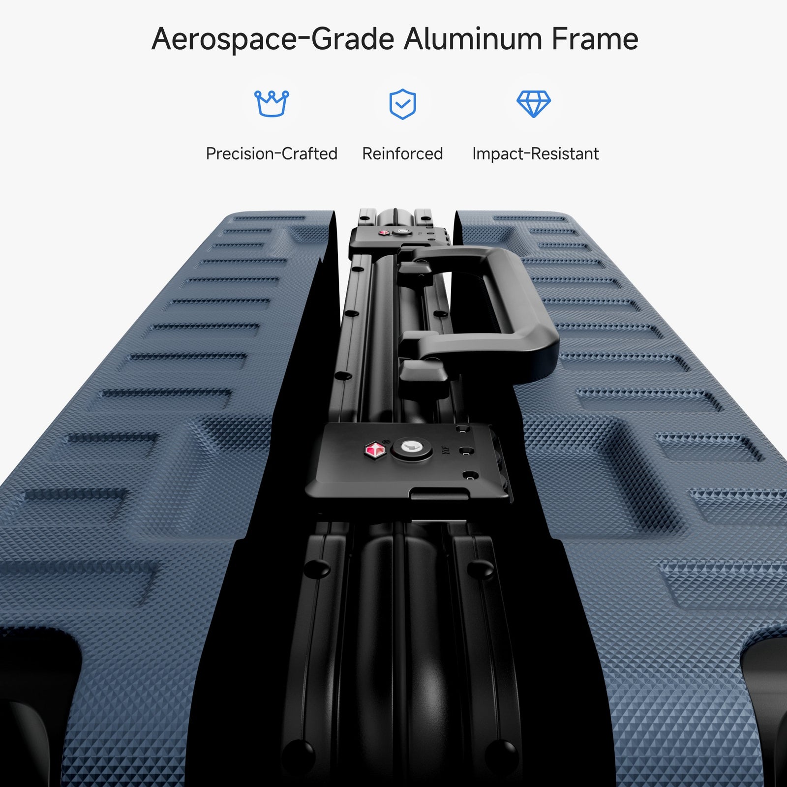 Exploded view of aluminum frame luggage showing 100% polycarbonate shell, reinforced corner protectors, TSA-approved locks, aluminum frame structure, and 360-degree shock-absorbing spinner wheels. #color_navy_blue