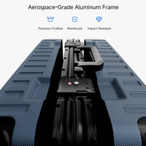 Exploded view of aluminum frame luggage showing 100% polycarbonate shell, reinforced corner protectors, TSA-approved locks, aluminum frame structure, and 360-degree shock-absorbing spinner wheels. #color_navy_blue