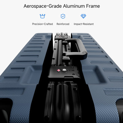 Exploded view of aluminum frame luggage showing 100% polycarbonate shell, reinforced corner protectors, TSA-approved locks, aluminum frame structure, and 360-degree shock-absorbing spinner wheels. #color_navy_blue