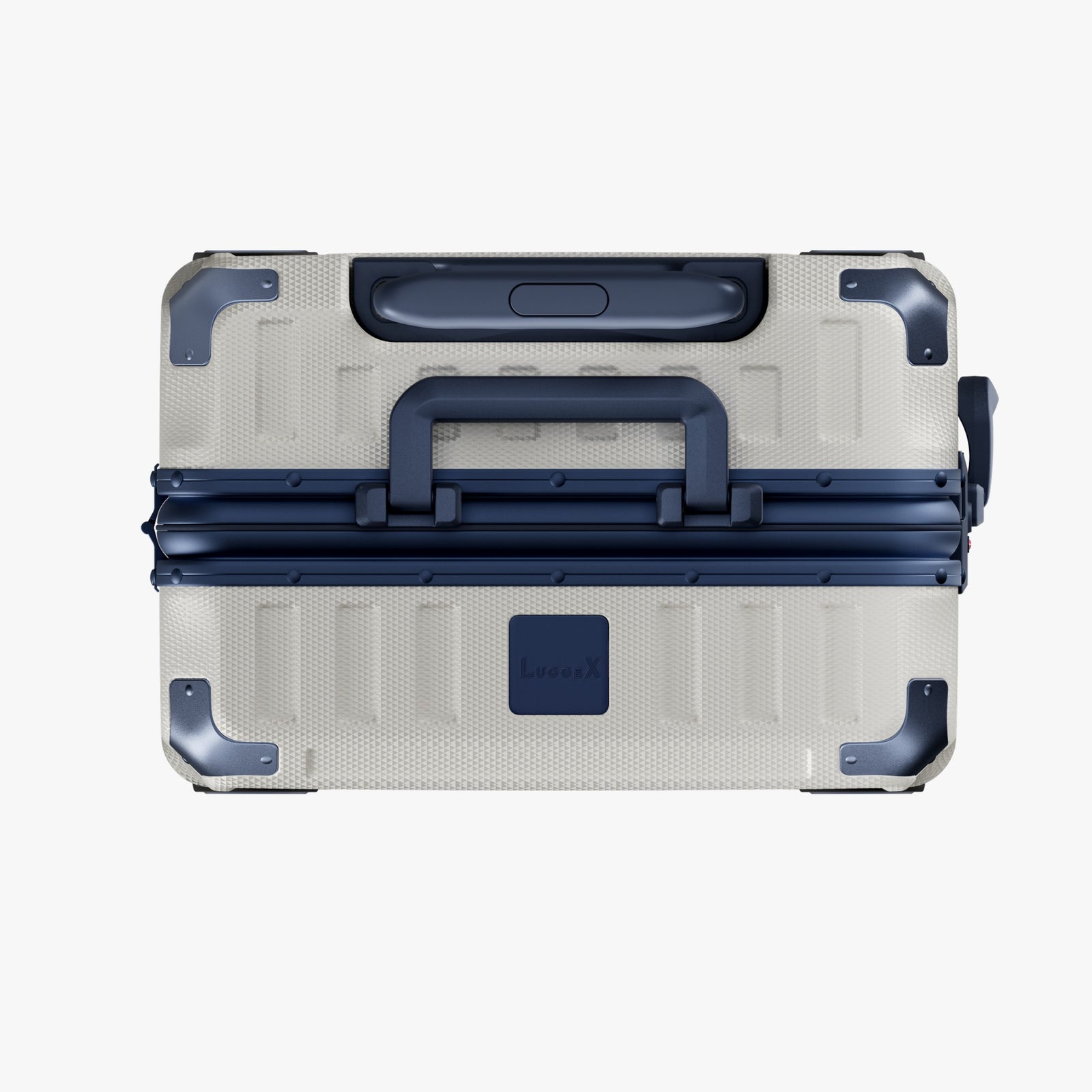 Side view of aluminum frame luggage with protective foot pads that elevate the shell and prevent scratches when the suitcase is placed on the ground. #show #color_white_blue