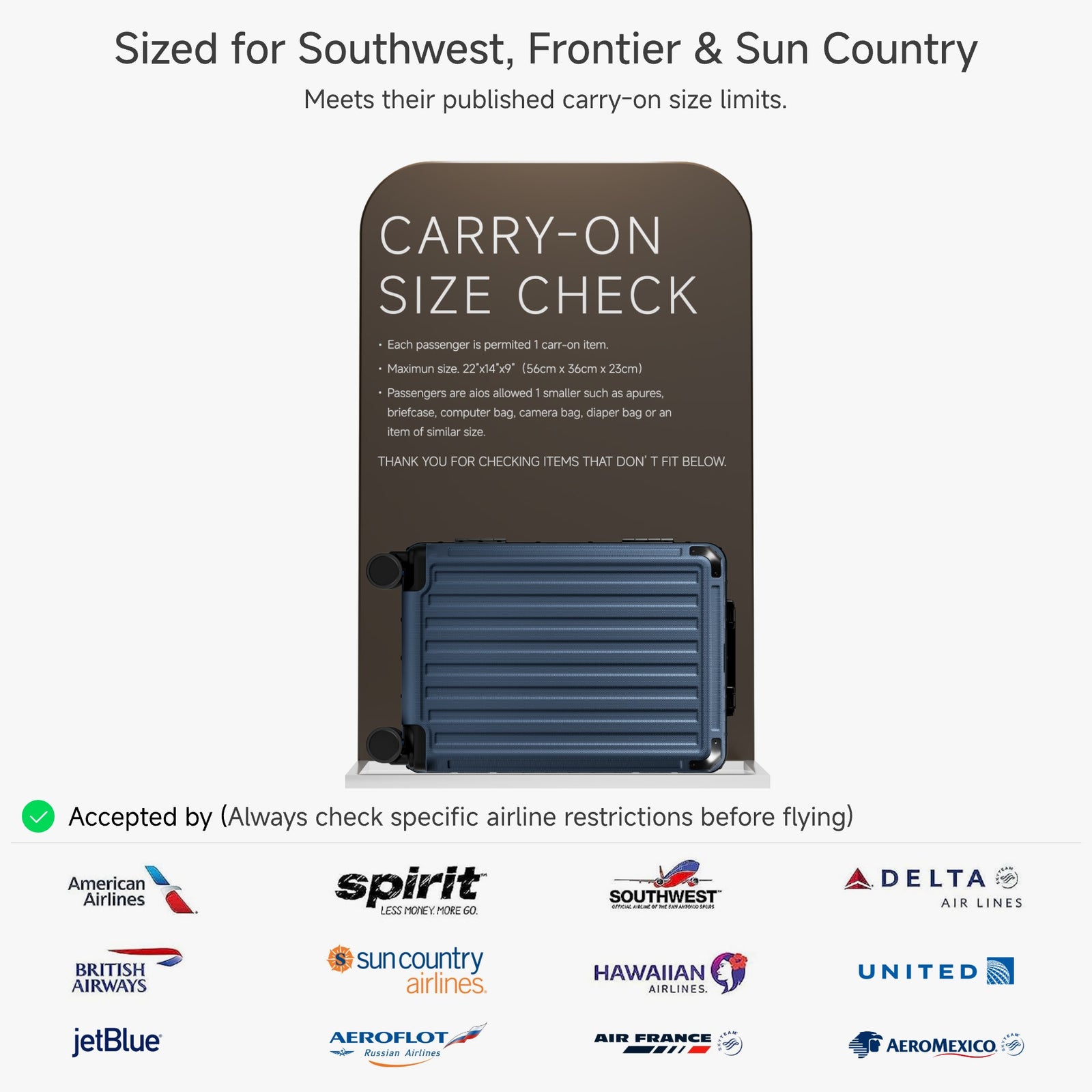 20-inch Carry-On Luggage Sized for Southwest, Frontier & Sun Country Airlines – Accepted by American, Delta, United, JetBlue and More.#color_navy_blue