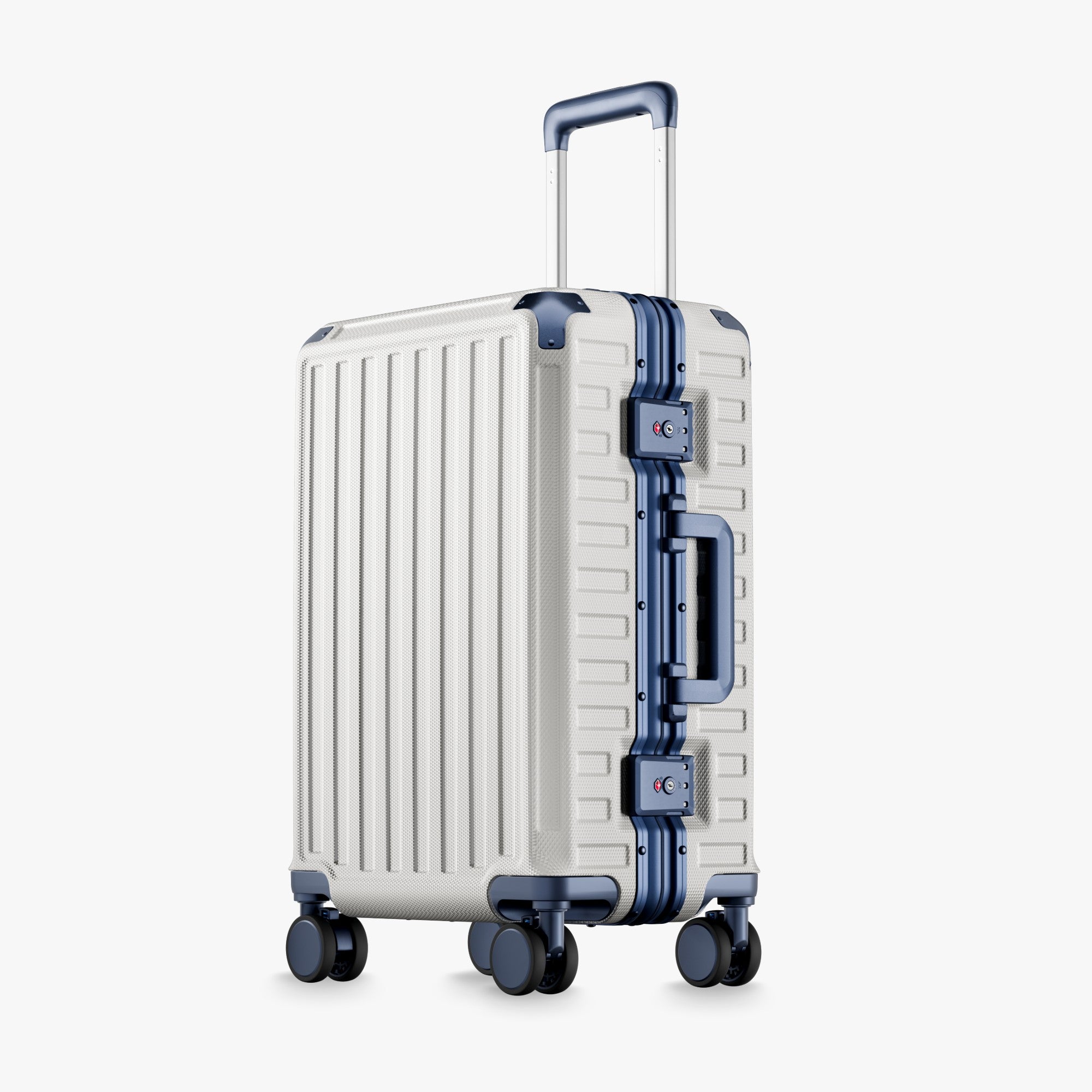 Front view of a carry-on suitcase with a 100% polycarbonate shell, designed for lightweight durability and impact resistance. "Cabin-Ready · 1–4 Days"#show #color_white_blue