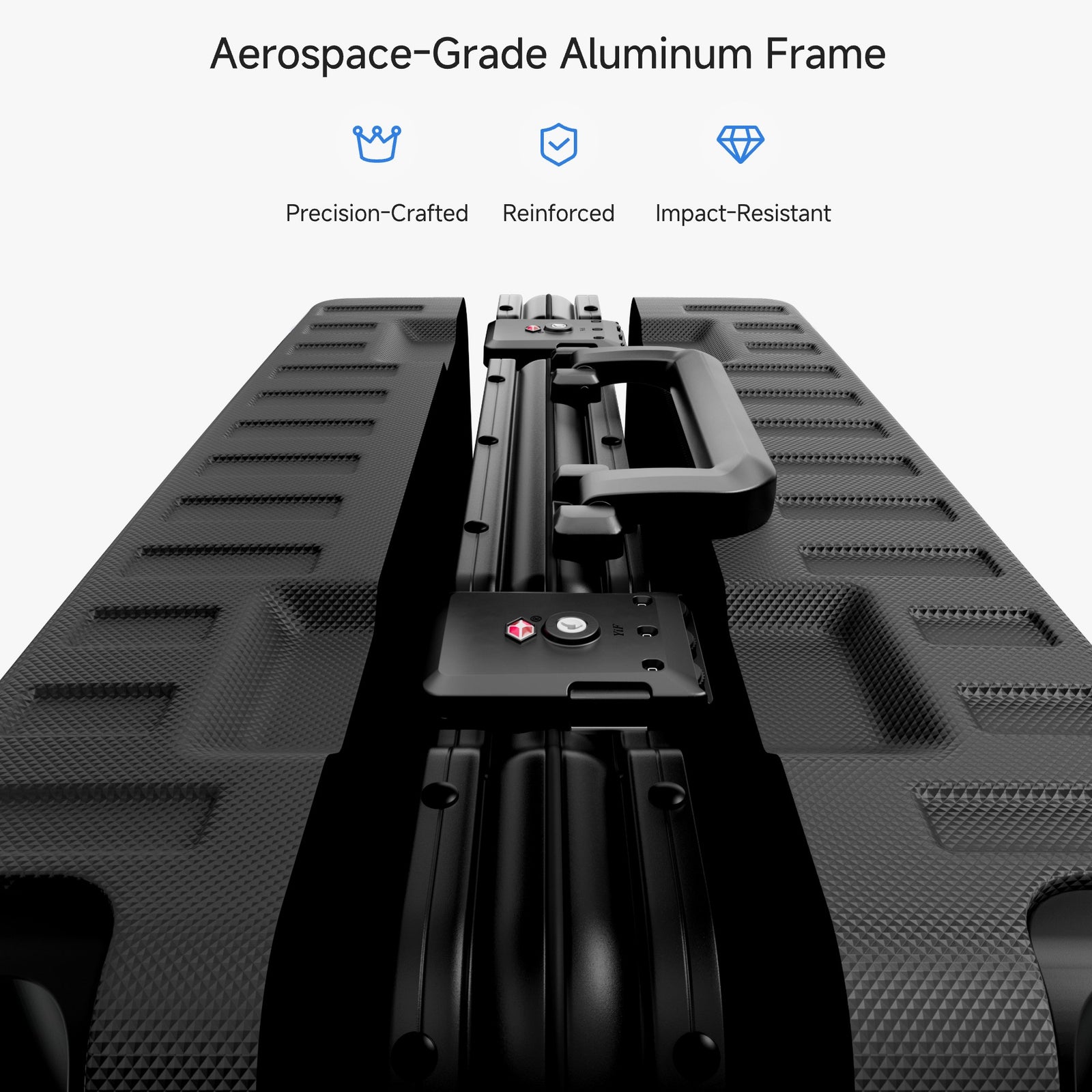Exploded view of aluminum frame luggage showing 100% polycarbonate shell, reinforced corner protectors, TSA-approved locks, aluminum frame structure, and 360-degree shock-absorbing spinner wheels. #color_black