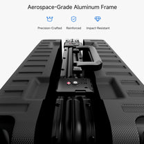 Exploded view of aluminum frame luggage showing 100% polycarbonate shell, reinforced corner protectors, TSA-approved locks, aluminum frame structure, and 360-degree shock-absorbing spinner wheels. #color_black