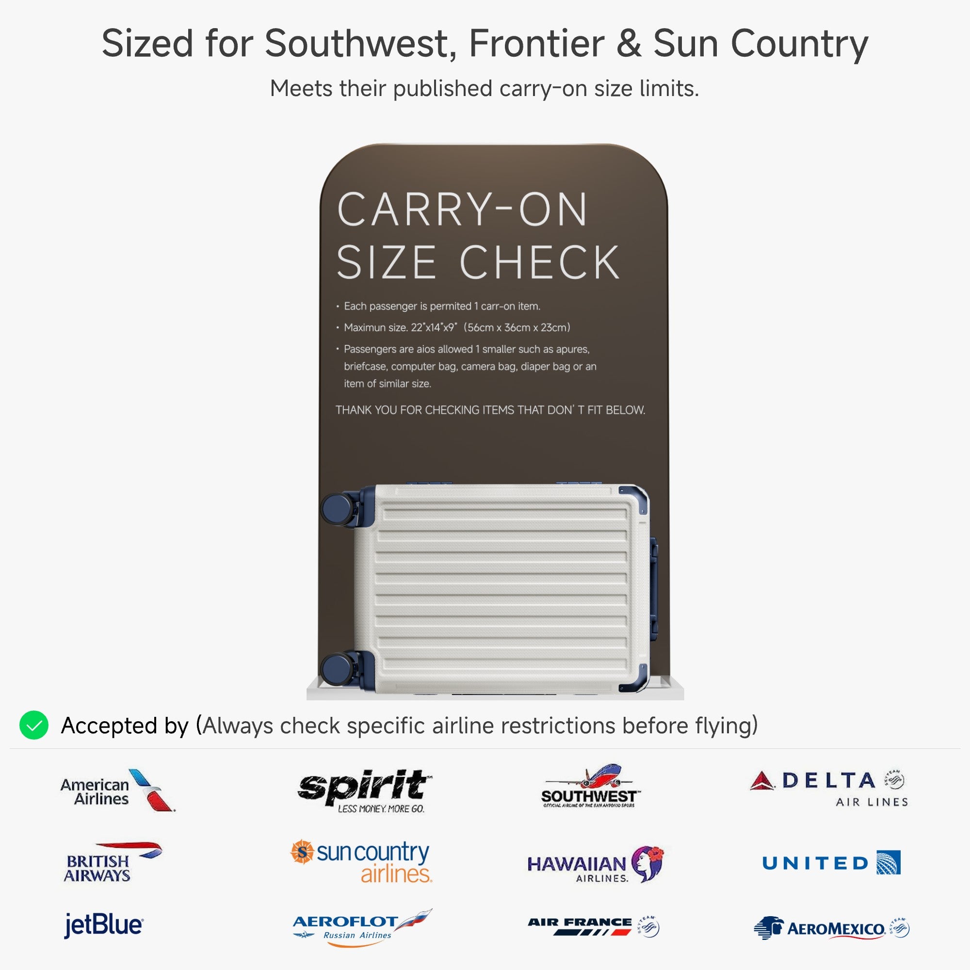 20-inch Carry-On Luggage Sized for Southwest, Frontier & Sun Country Airlines – Accepted by American, Delta, United, JetBlue and More.#color_white_blue