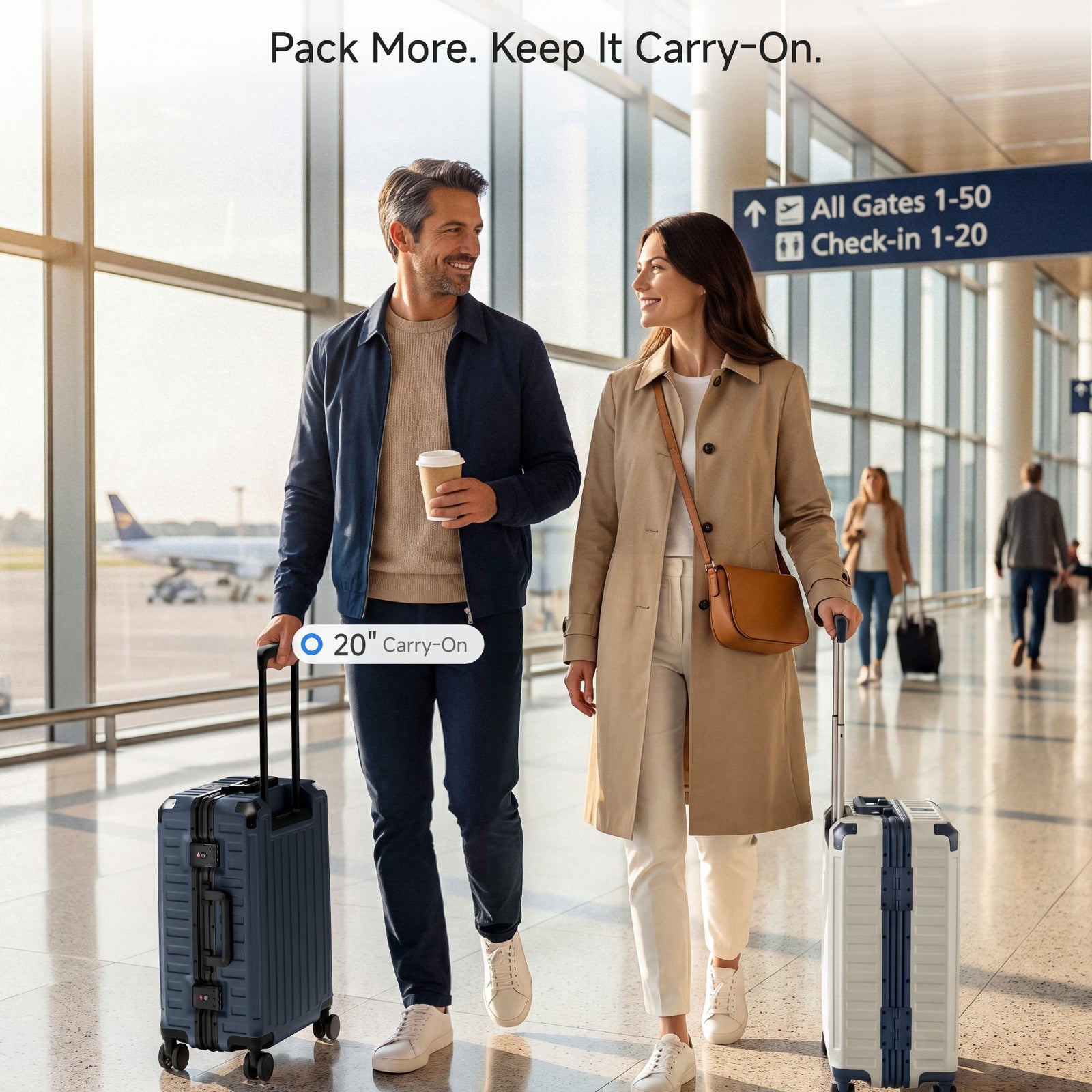 Couple Walking Through Airport with LUGGEX 20-inch Aluminum Frame Carry-On Luggage in Navy Blue and White.#color_black