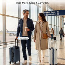 Couple Walking Through Airport with LUGGEX 20-inch Aluminum Frame Carry-On Luggage in Navy Blue and White.#color_black