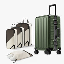 100% polycarbonate hard shell, and reinforced aluminum frame for durable protection and long-term travel use. #LUGGEX 21-inch zipperless bigger carry-on suitcase with aluminum frame and 100% polycarbonate hard shell, TSA locks, and smooth spinner wheels for durable, lightweight travel. #color_olive_green #show