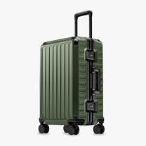 100% polycarbonate hard shell, and reinforced aluminum frame for durable protection and long-term travel use. #LUGGEX 21-inch zipperless bigger carry-on suitcase with aluminum frame and 100% polycarbonate hard shell, TSA locks, and smooth spinner wheels for durable, lightweight travel. #color_olive_green #show