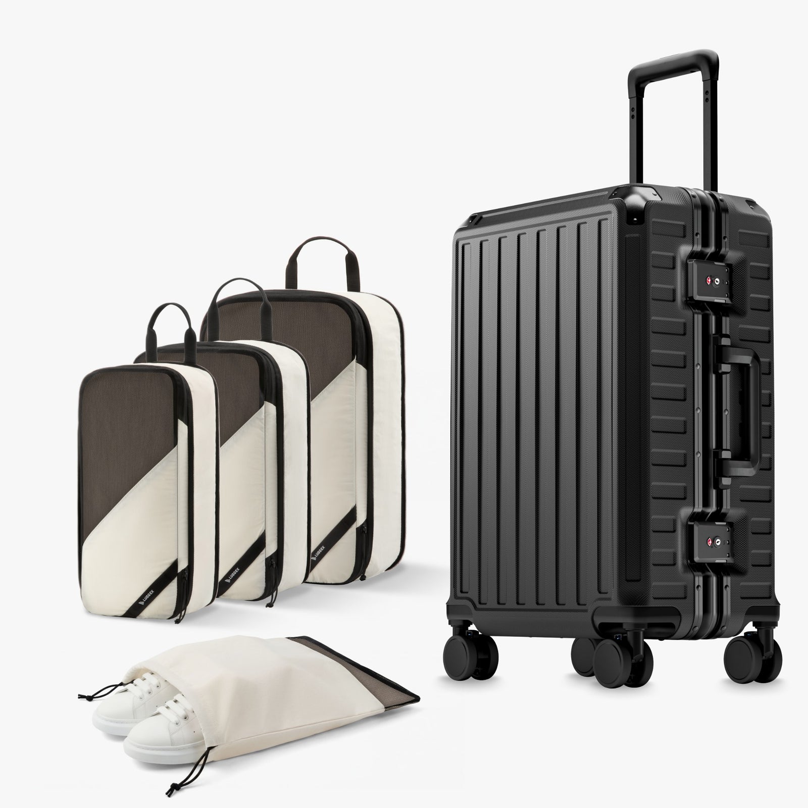 100% polycarbonate hard shell, and reinforced aluminum frame for durable protection and long-term travel use. #LUGGEX 21-inch zipperless bigger carry-on suitcase with aluminum frame and 100% polycarbonate hard shell, TSA locks, and smooth spinner wheels for durable, lightweight travel. 

#color_black #show