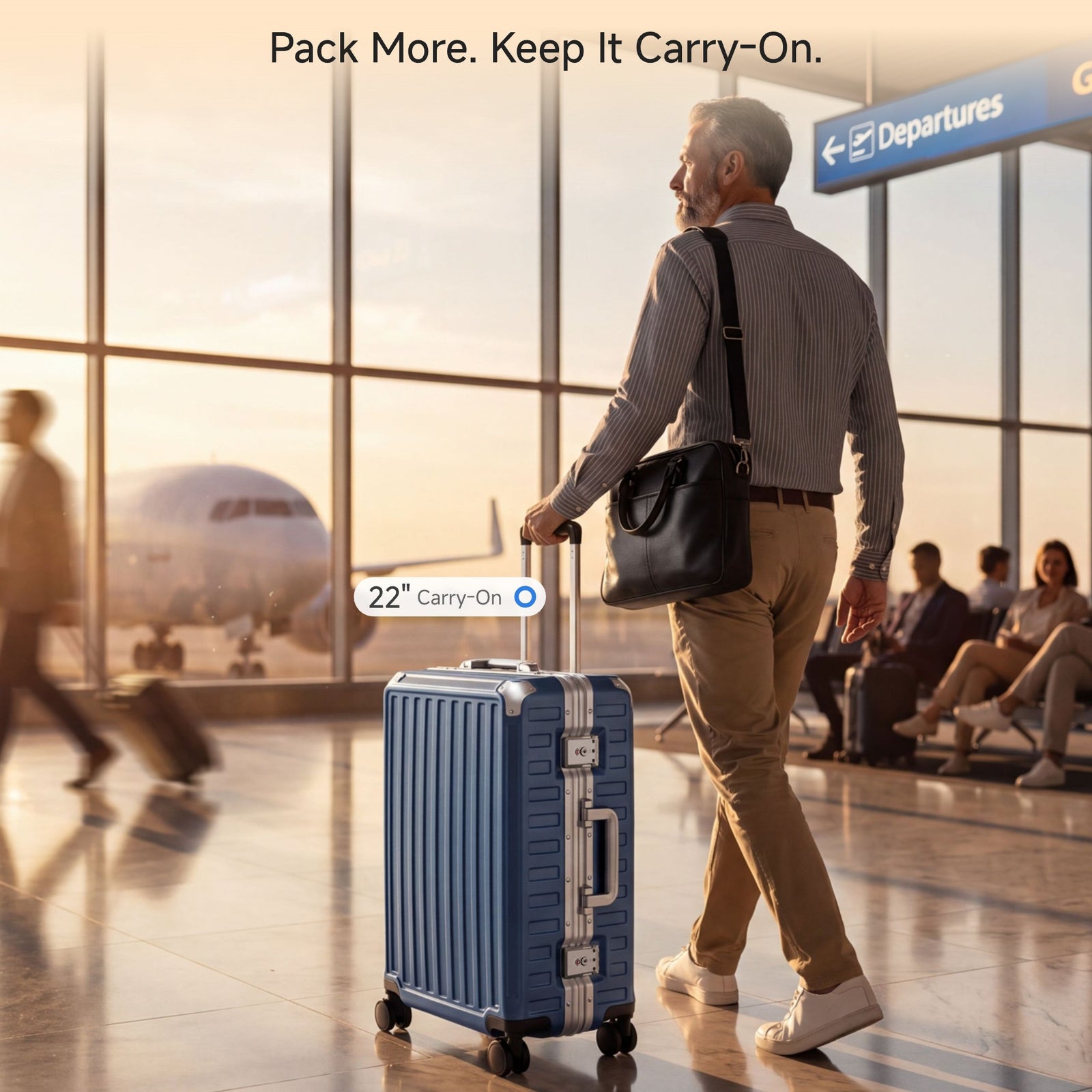 Man pulling a 22-inch LUGGEX blue aluminum frame carry-on luggage through an airport terminal toward the departures gate #color_blue