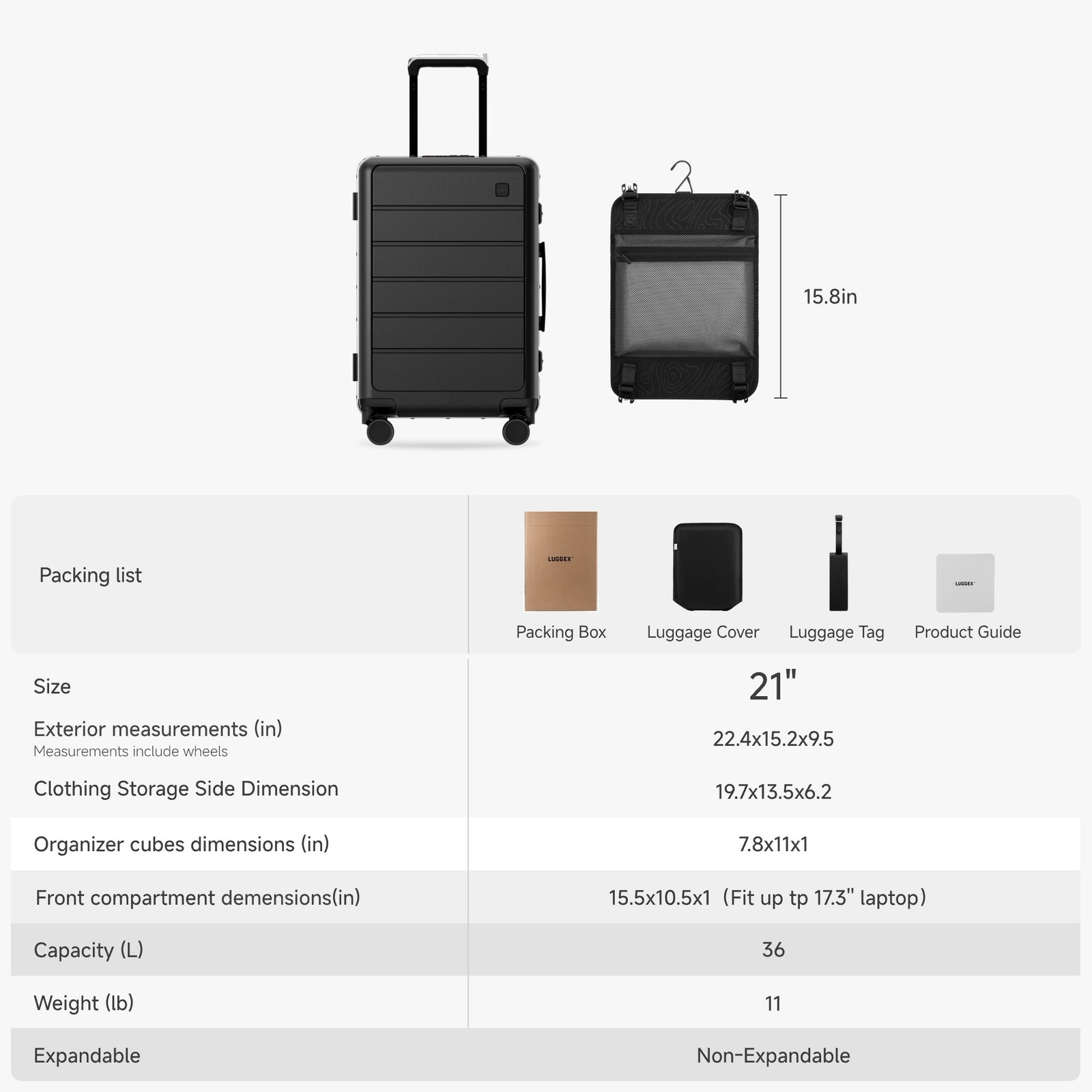 100% polycarbonate hard shell, and reinforced aluminum frame for durable protection and long-term travel use. #LUGGEX 21-inch zipperless bigger carry-on suitcase with aluminum frame and 100% polycarbonate hard shell, TSA locks, and smooth spinner wheels for durable, lightweight travel. 

#color_black #show
