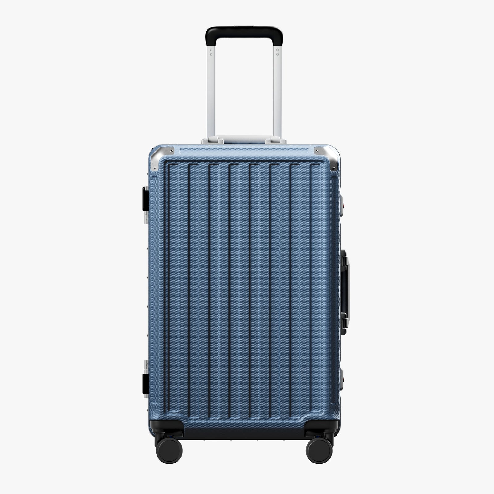 Back view of an aluminum frame check-in  suitcase with spinner wheels and a telescopic handle, designed for durable and smooth travel. 