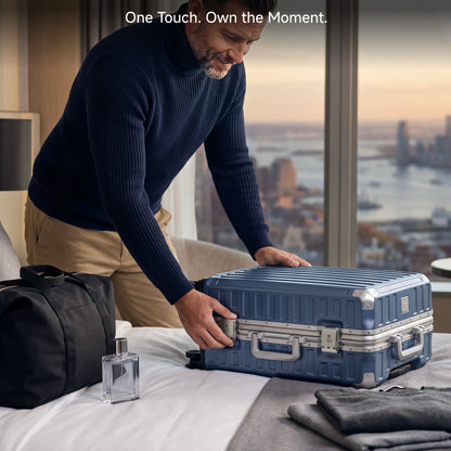 Man Opening LUGGEX Zipperless Aluminum Frame Luggage on Hotel Bed with City View – One-Touch TSA Lock Access.#color_white_blue
