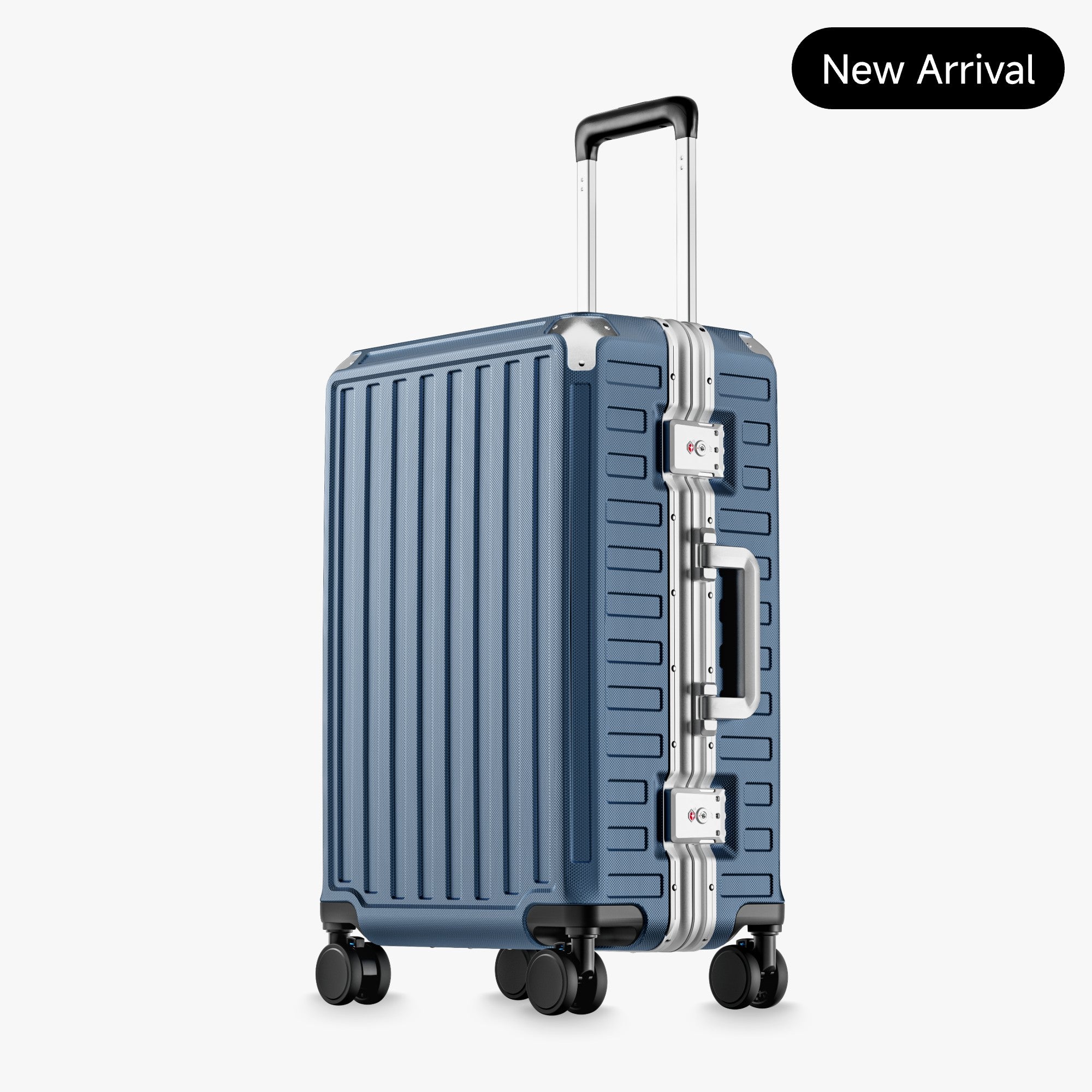 luminum frame luggage showing 100% polycarbonate shell, reinforced corner protectors, TSA-approved locks, aluminum frame structure, and 360-degree shock-absorbing spinner wheels. #color_blue