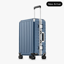 luminum frame luggage showing 100% polycarbonate shell, reinforced corner protectors, TSA-approved locks, aluminum frame structure, and 360-degree shock-absorbing spinner wheels. #color_blue